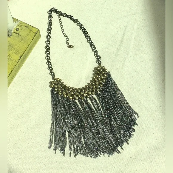 VINTAGE Bohemian statement necklace 
Gold beads and silver chain fringe tassel - Picture 2 of 4